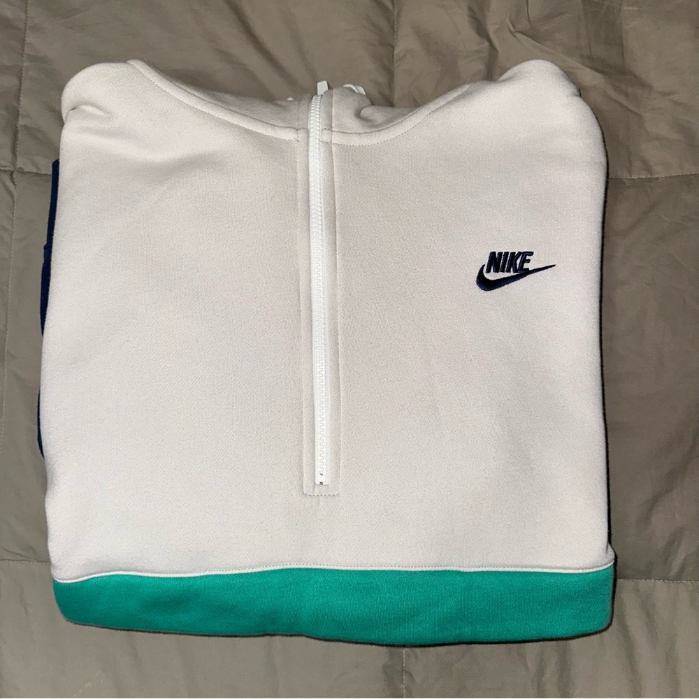Nike White and Teal Hoodie Quarter Zip